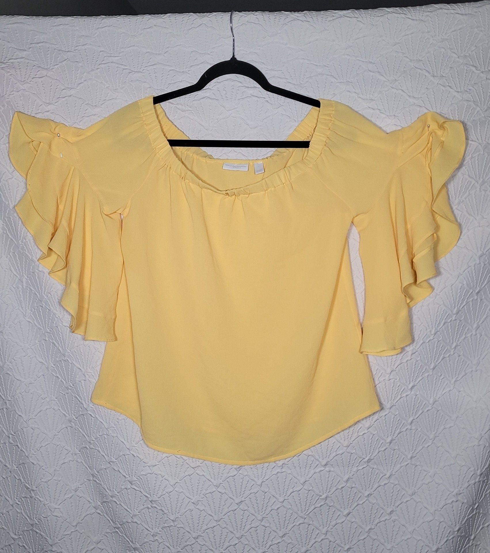 New York & Company Yellow Flutter Sleeve Off Shoulder Top Size L 2