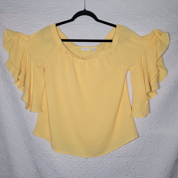 New York & Company Yellow Flutter Sleeve Off Shoulder Top Size L