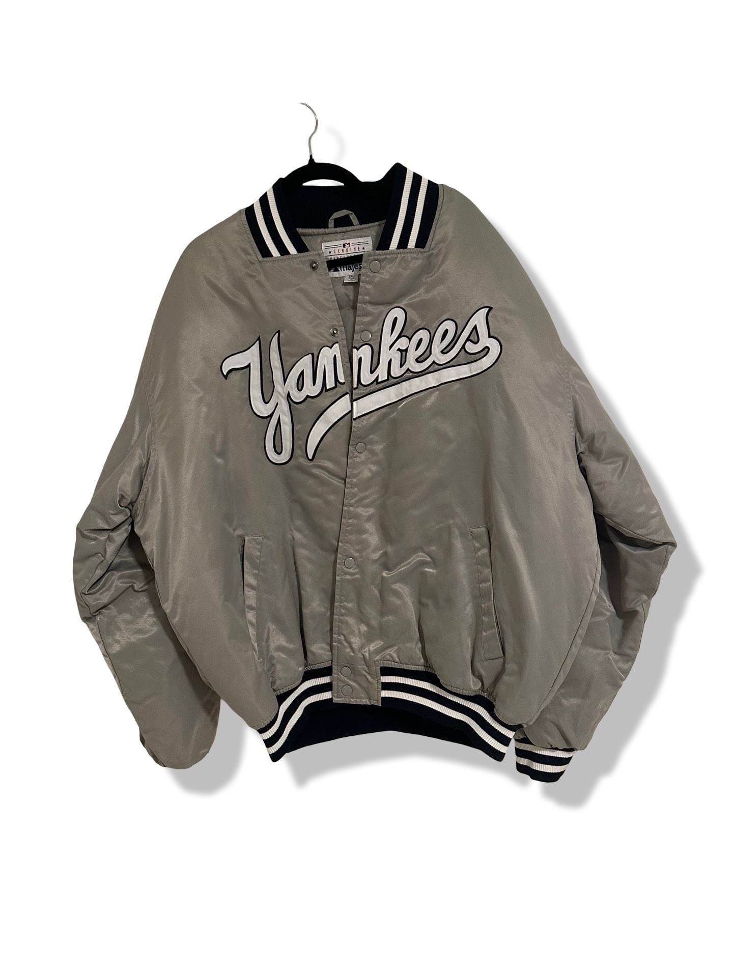 Majestic New York Yankees Satin Bomber Jacket Size XXL Gray Varsity Jacket 2