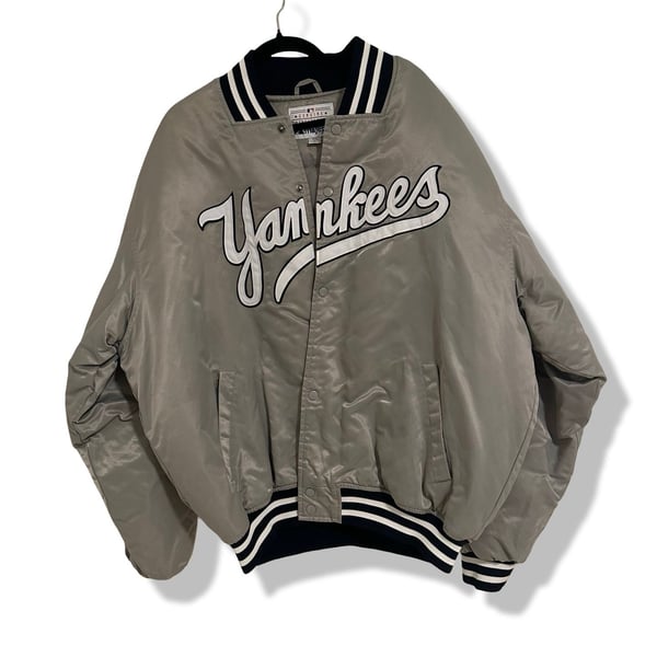 Majestic New York Yankees Satin Bomber Jacket Size XXL Gray Varsity Jacket