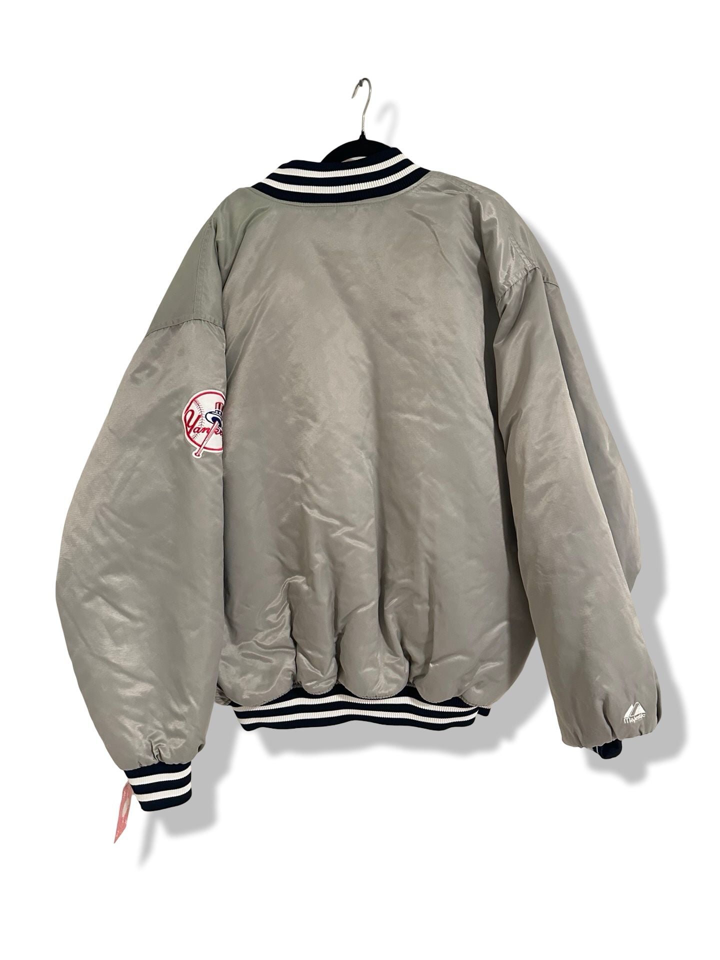Majestic New York Yankees Satin Bomber Jacket Size XXL Gray Varsity Jacket 3