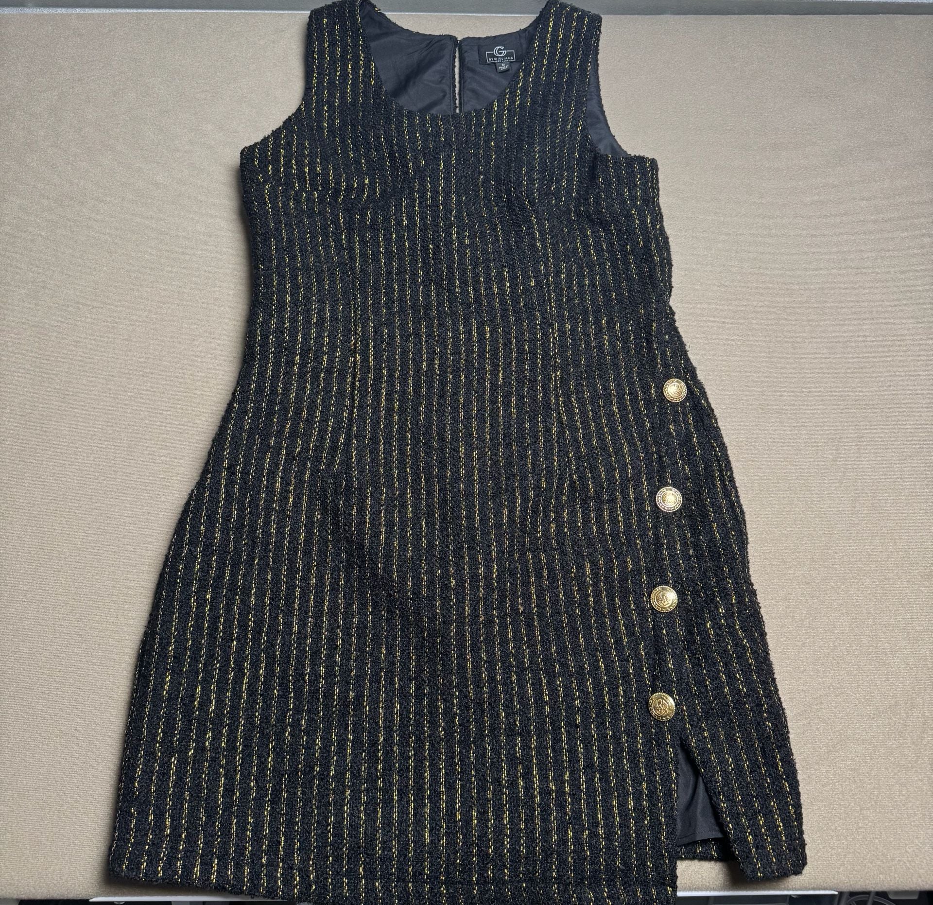 By Giuliana Black Label Tweed Mini Dress Size M Black Gold Striped Button Split 2