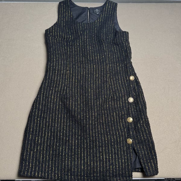 By Giuliana Black Label Tweed Mini Dress Size M Black Gold Striped Button Split