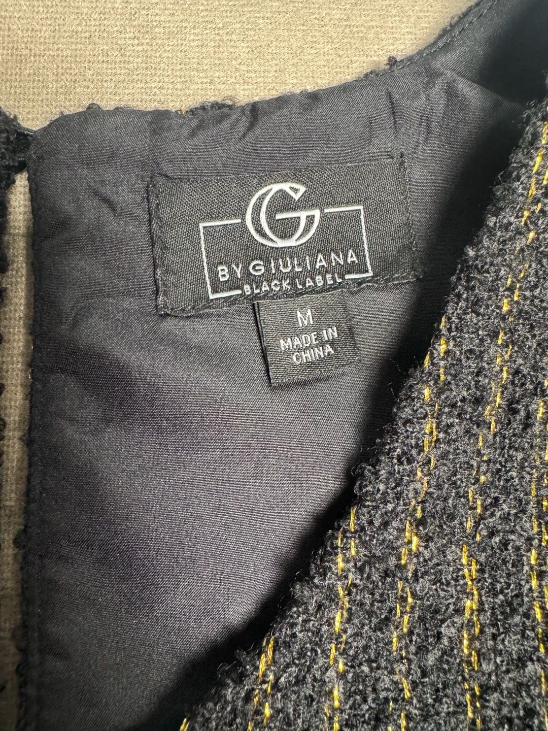 By Giuliana Black Label Tweed Mini Dress Size M Black Gold Striped Button Split 3
