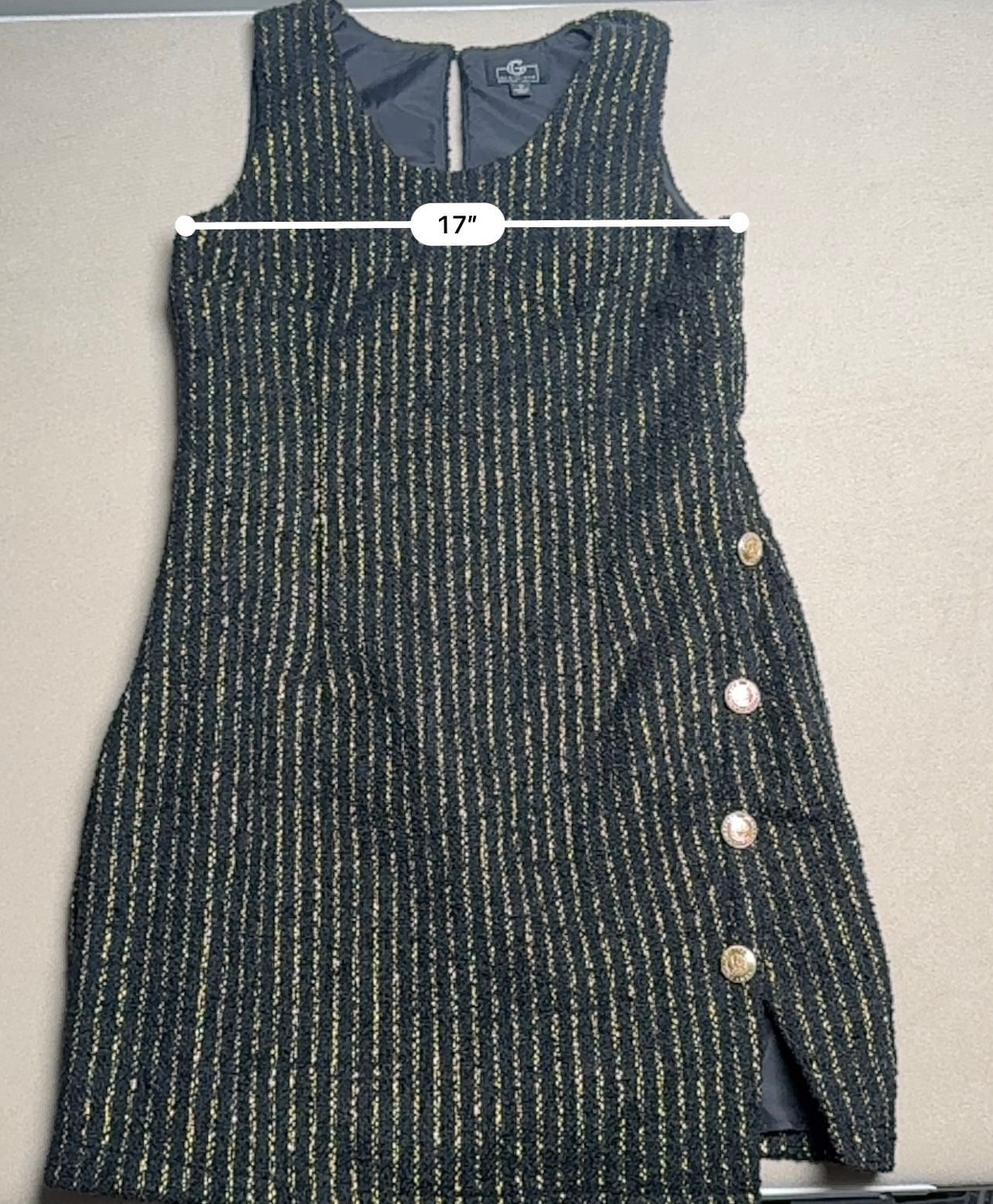 By Giuliana Black Label Tweed Mini Dress Size M Black Gold Striped Button Split 4