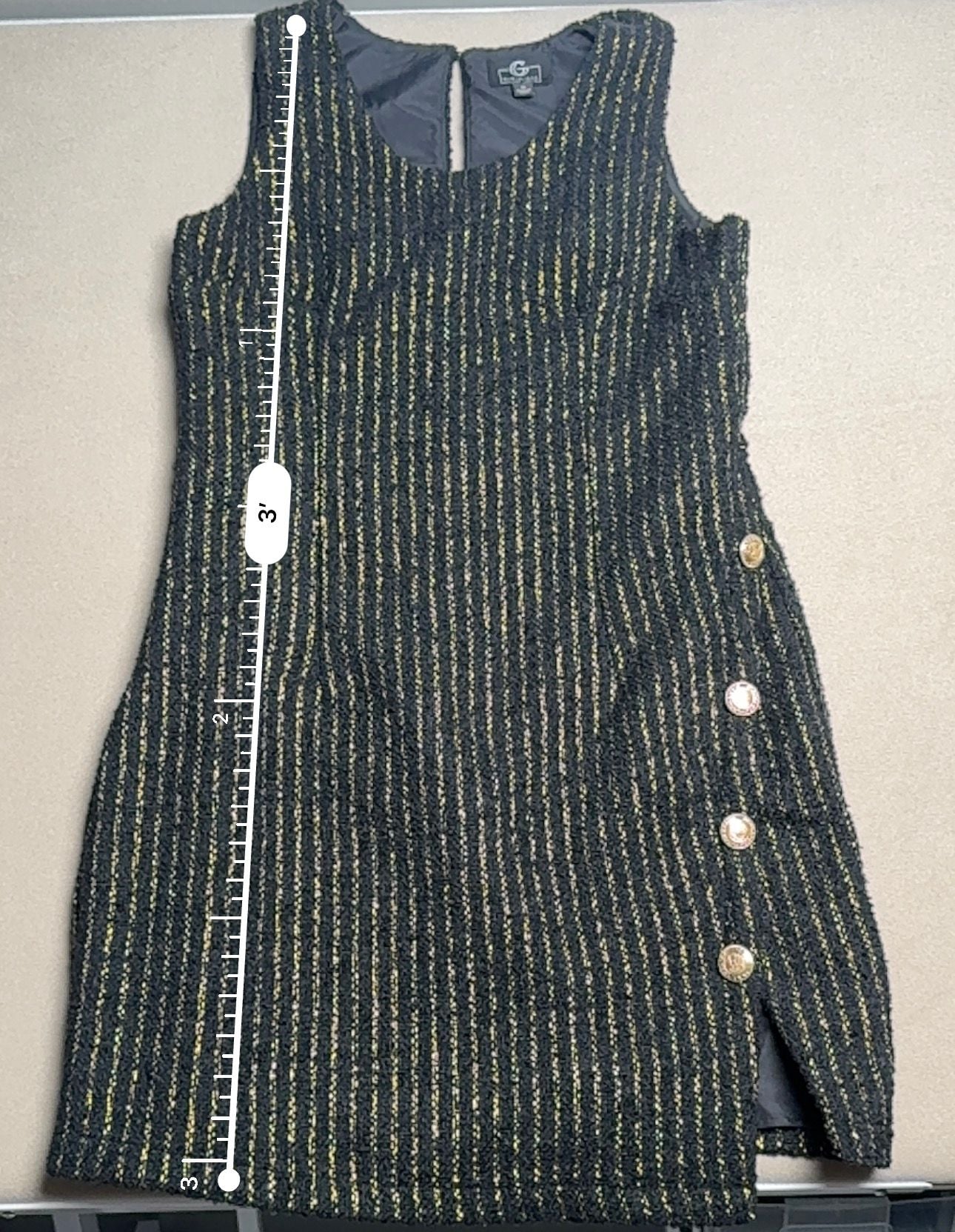 By Giuliana Black Label Tweed Mini Dress Size M Black Gold Striped Button Split 5