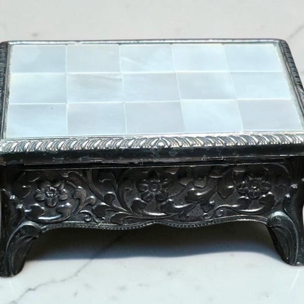 Vintage Footed Metal Jewelry Trinket Box Silver Tone Red Velvet Lined Japan
