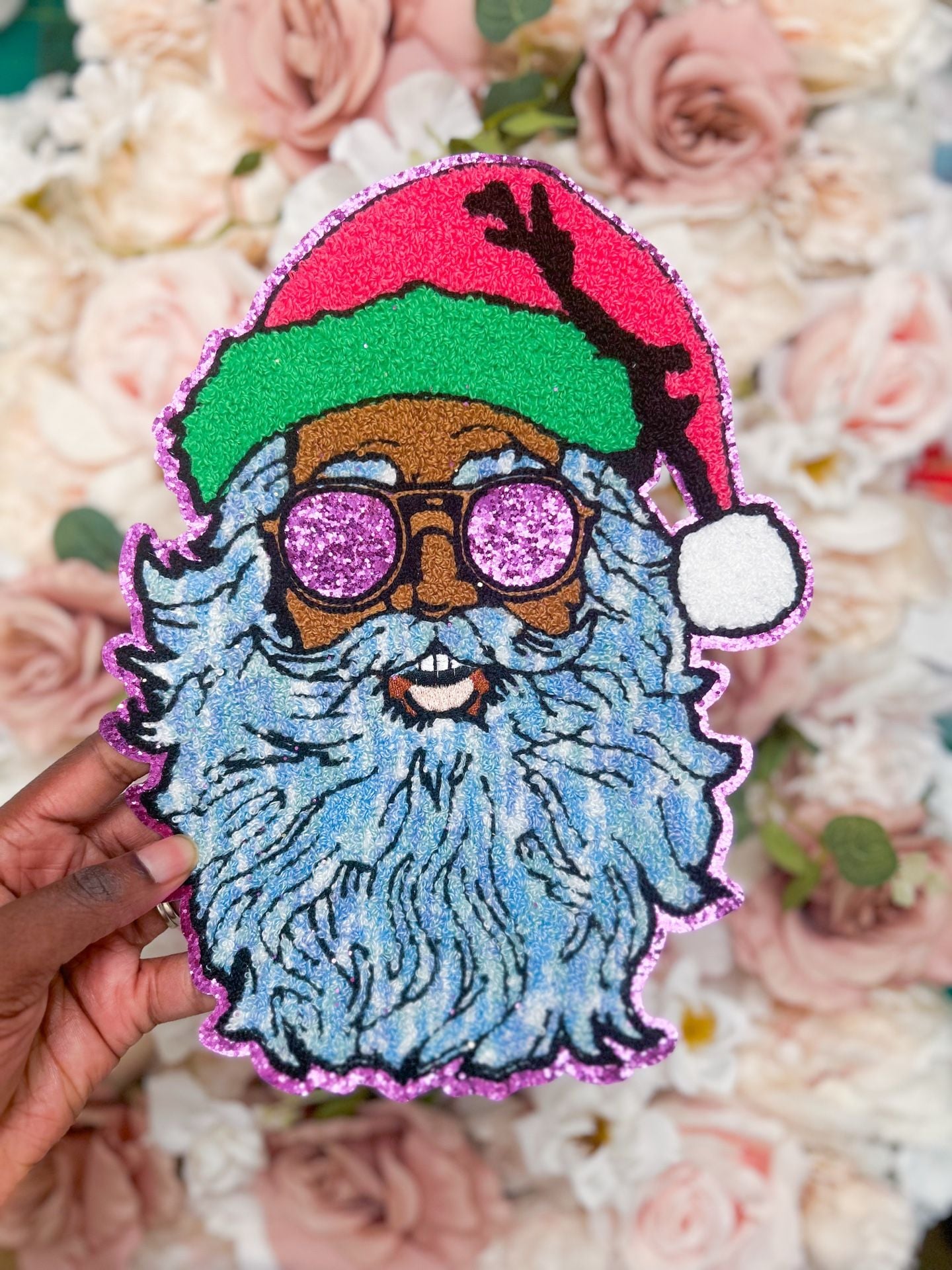 Pink Santa Sequin Patch with Glitter Glasses 1