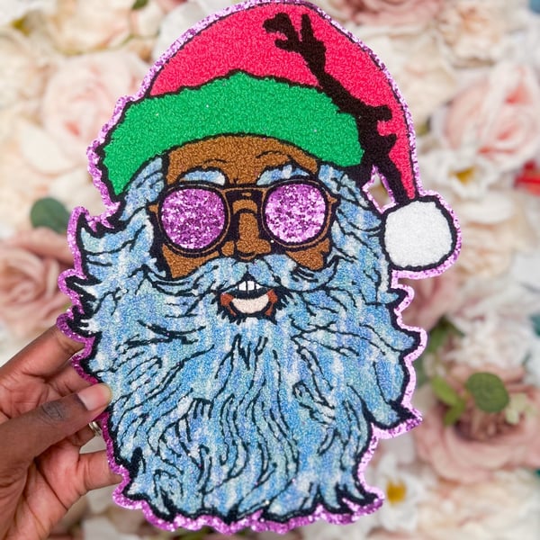 Pink Santa Sequin Patch with Glitter Glasses