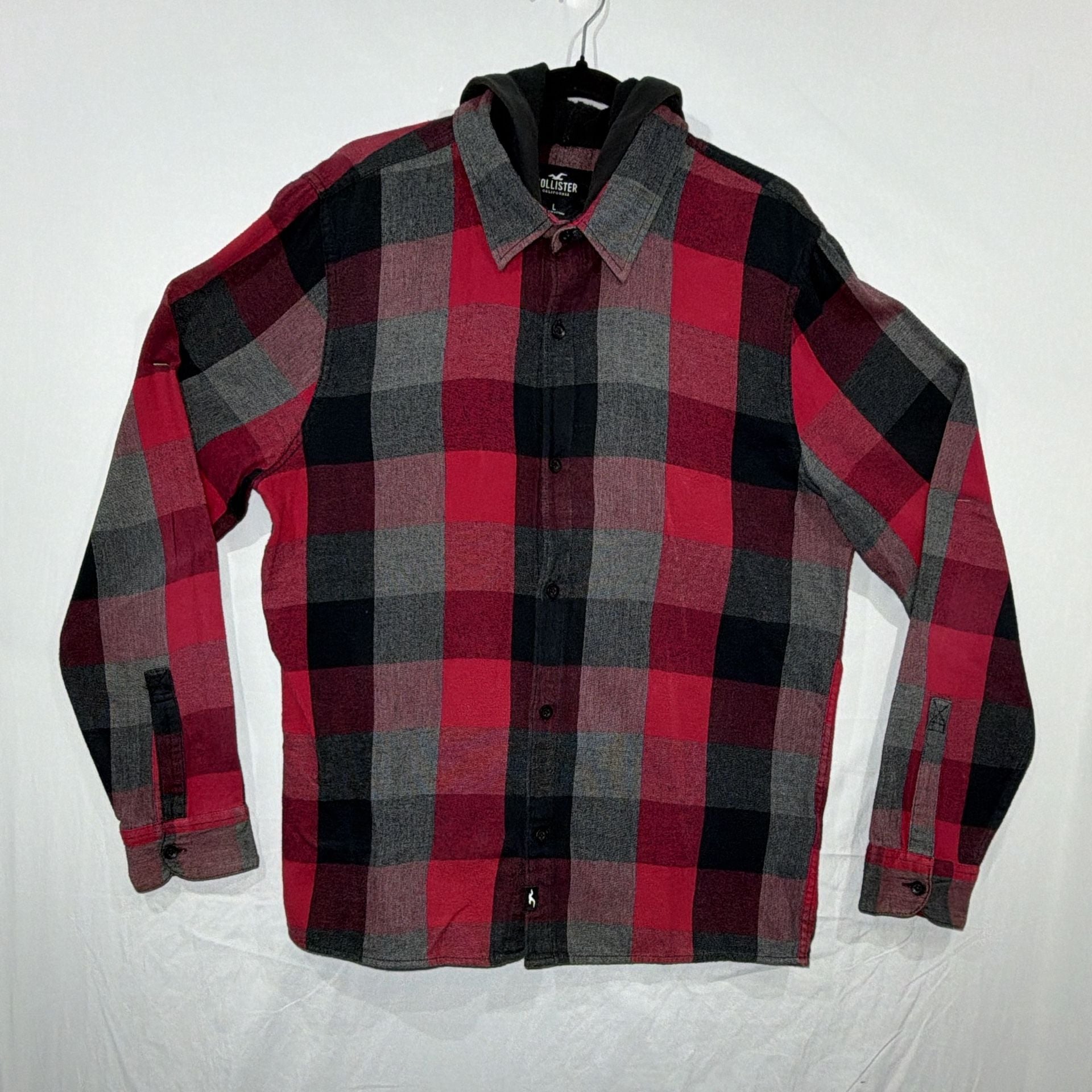 Hollister Plaid Flannel Shirt Size L Red Black Gray Hooded Button Up Long Sleeve 2