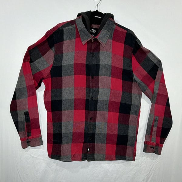 Hollister Plaid Flannel Shirt Size L Red Black Gray Hooded Button Up Long Sleeve