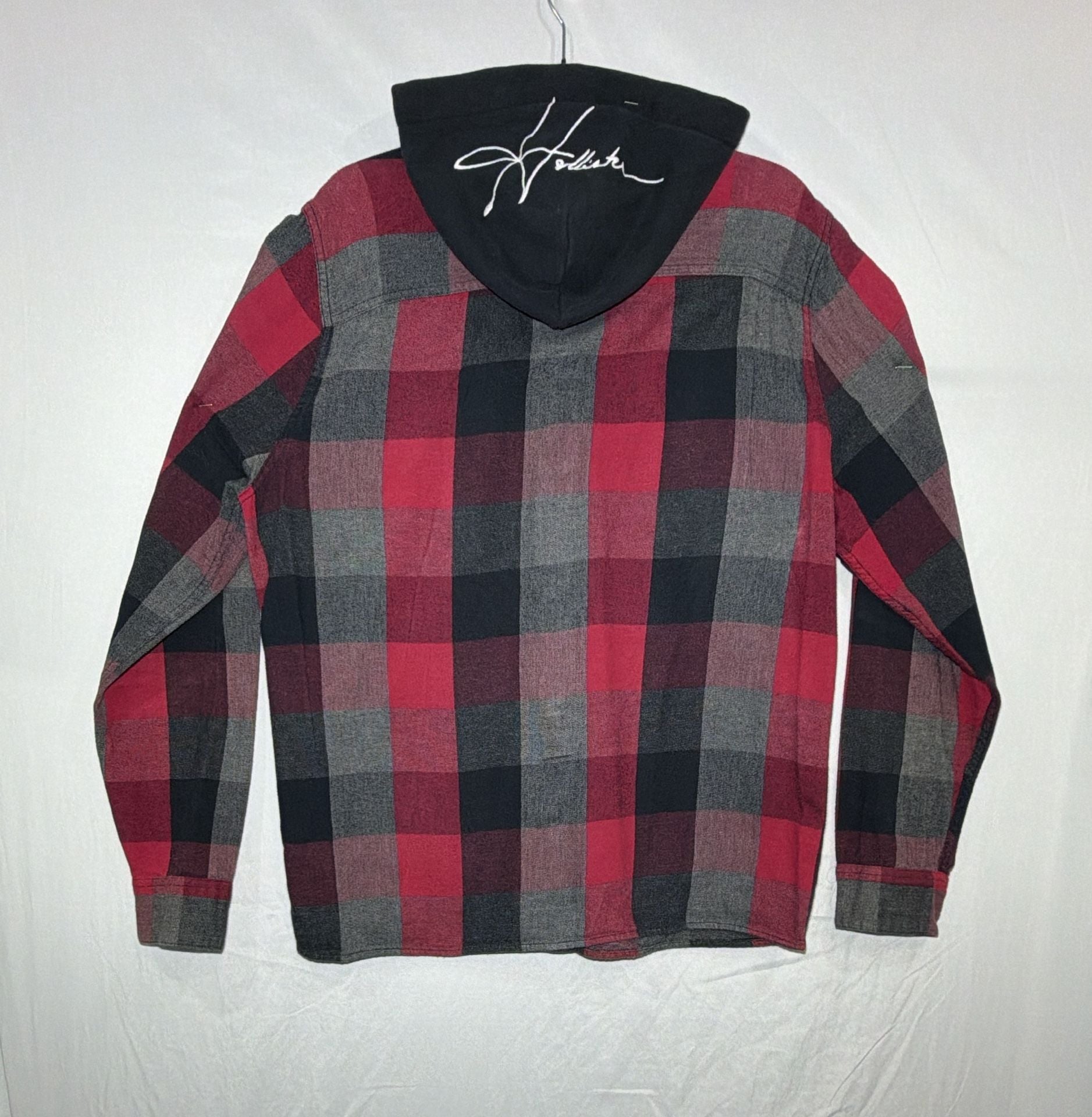 Hollister Plaid Flannel Shirt Size L Red Black Gray Hooded Button Up Long Sleeve 3