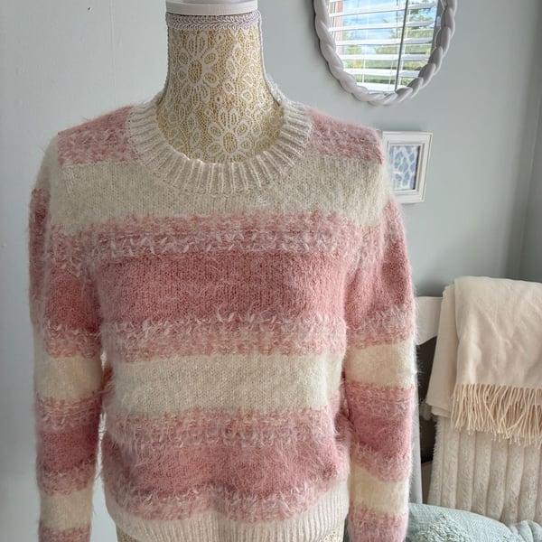 Absolutely Striped Fuzzy Pullover Sweater Size S Pink White