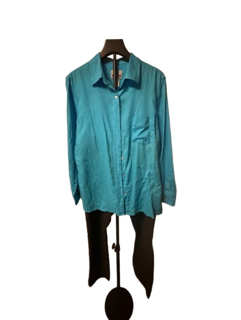 David N. Linen Long Sleeve Button Down Shirt Size L Teal 2