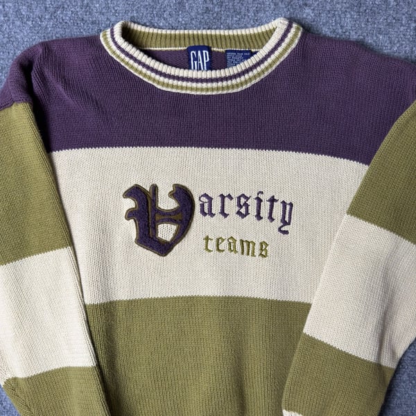 Vintage 90s Gap Varsity Teams Sweater XL Purple Green Cream Embroidered Logo