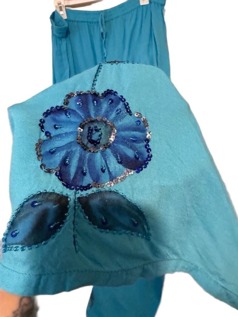 baRocco Palazzo Pants Size 06-200 Blue Viscose Floral Embellished 7