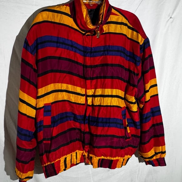 Vintage VINTAGE Fuda Silk Bomber Jacket Womens Large Multicolor Stripe Zip 80s 90s Retro Sleeves Pockets Lightweight Satin Navy Blk Mix