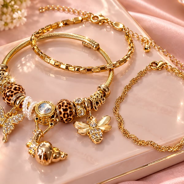 Gold Tone Charm Bracelet Set with Butterfly Bee Leopard Beads and Rhinestones