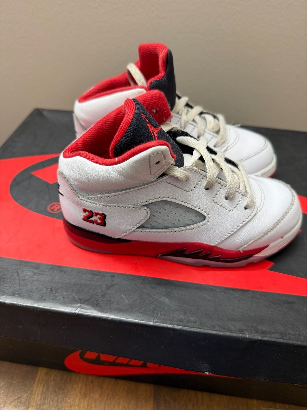 Jordan 5 Retro TD Fire Red White Black Tongue Toddler Shoes 4
