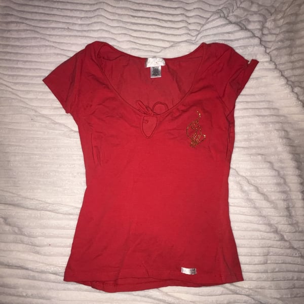 Baby Phat Rhinestone Cat Logo Short Sleeve Top Size L Red Y2K
