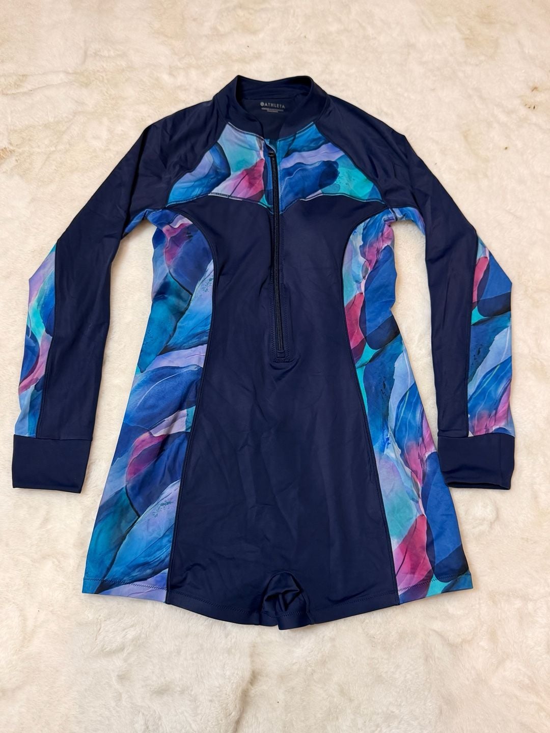 Athleta Modern Coverage Printed Long Sleeve One Piece Swimsuit Size M Navy Blue 2