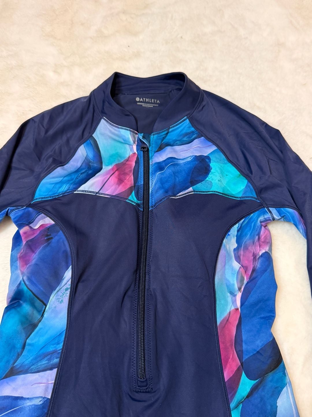 Athleta Modern Coverage Printed Long Sleeve One Piece Swimsuit Size M Navy Blue 3