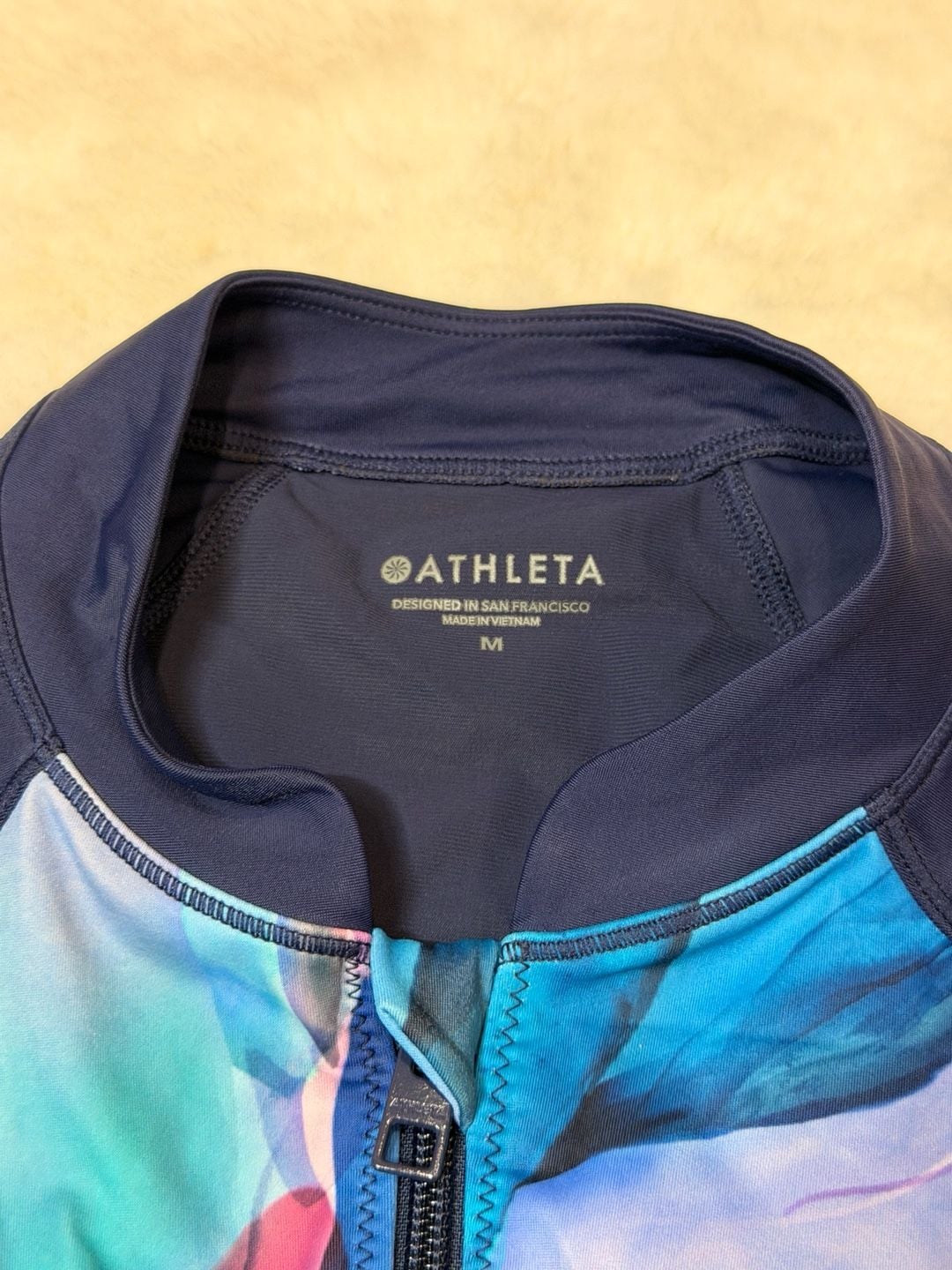 Athleta Modern Coverage Printed Long Sleeve One Piece Swimsuit Size M Navy Blue 4