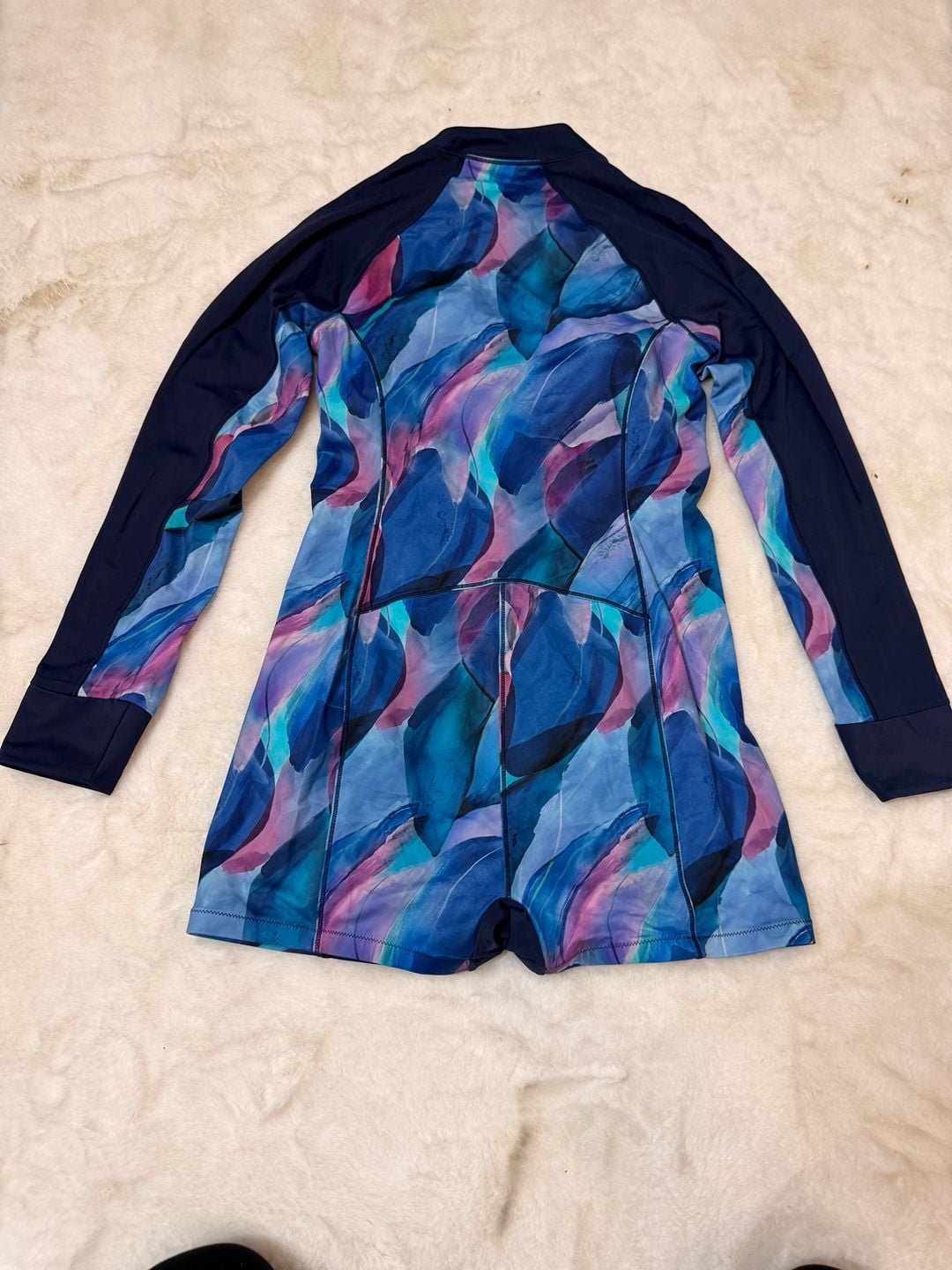 Athleta Modern Coverage Printed Long Sleeve One Piece Swimsuit Size M Navy Blue 7