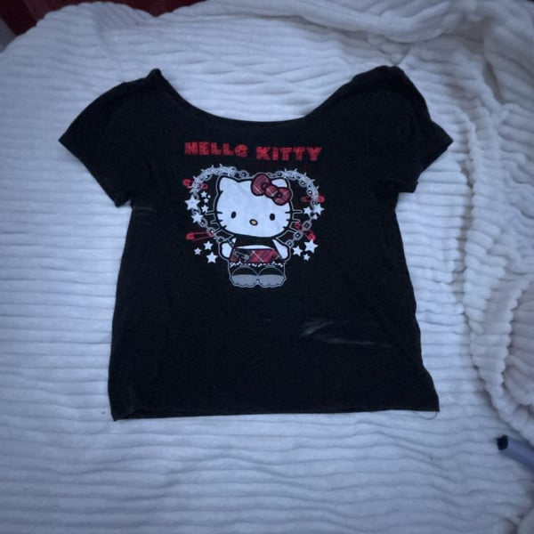 Sanrio Hello Kitty Graphic Tee Size L Black Plaid Bow Punk