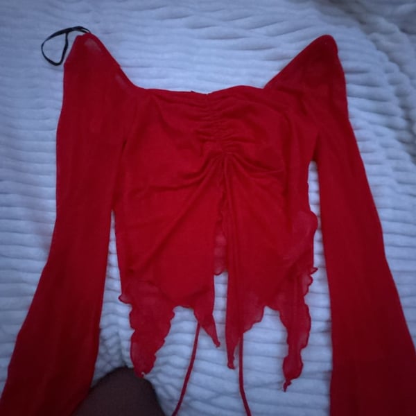 Forever 21 Sheer Split-Hem Top Size L Red Long Sleeve Mesh Blouse