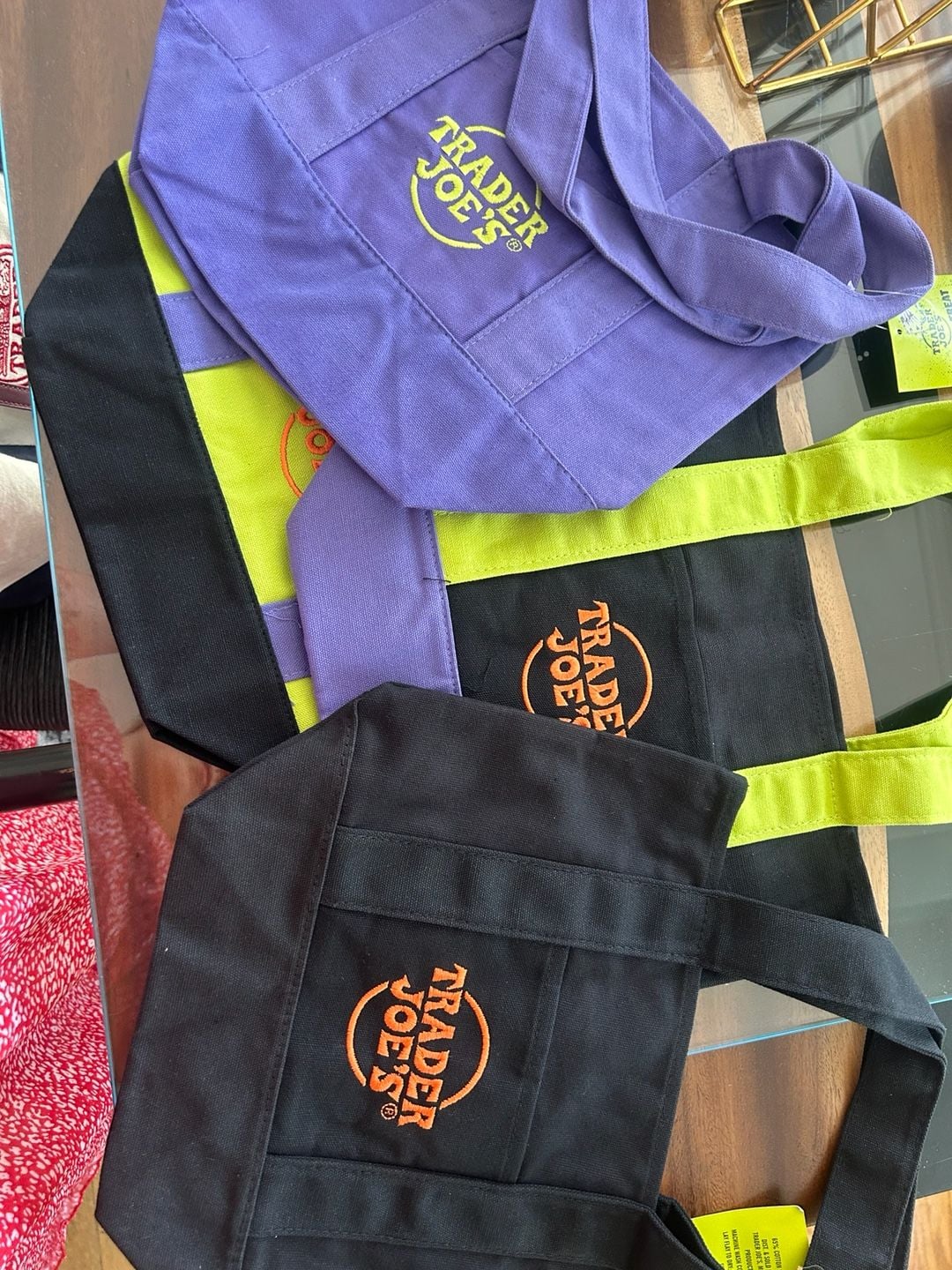 Trader Joe's Halloween Tote Bag Set of 2 Black, Purple Canvas and Neon lime green color featuring purple straps and black bottom panels . 2