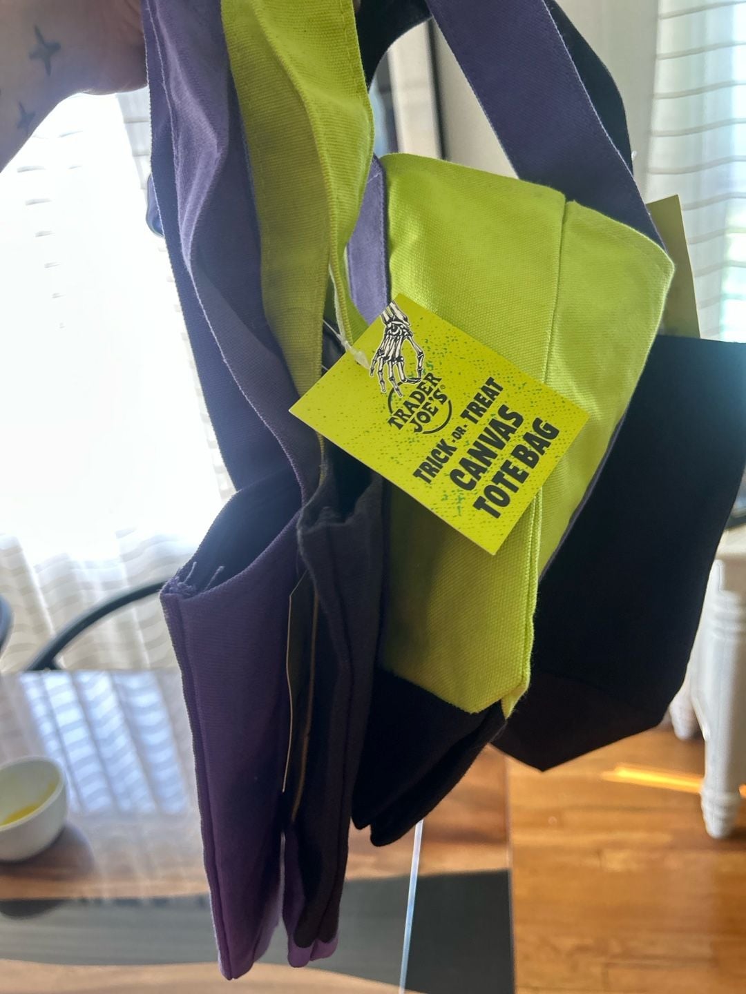 Trader Joe's Halloween Tote Bag Set of 2 Black, Purple Canvas and Neon lime green color featuring purple straps and black bottom panels . 3