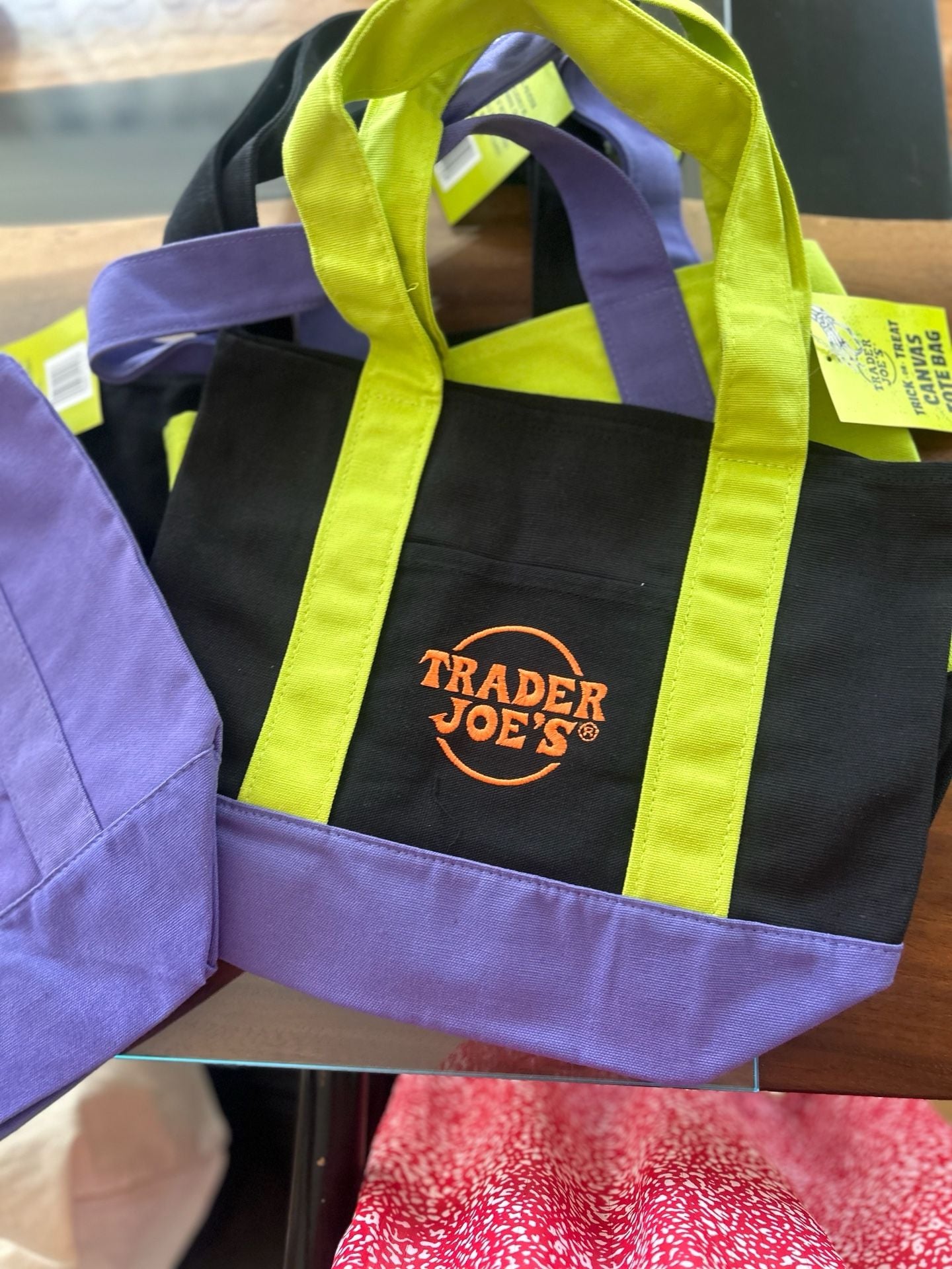 Trader Joe's Halloween Tote Bag Set of 2 Black, Purple Canvas and Neon lime green color featuring purple straps and black bottom panels . 5