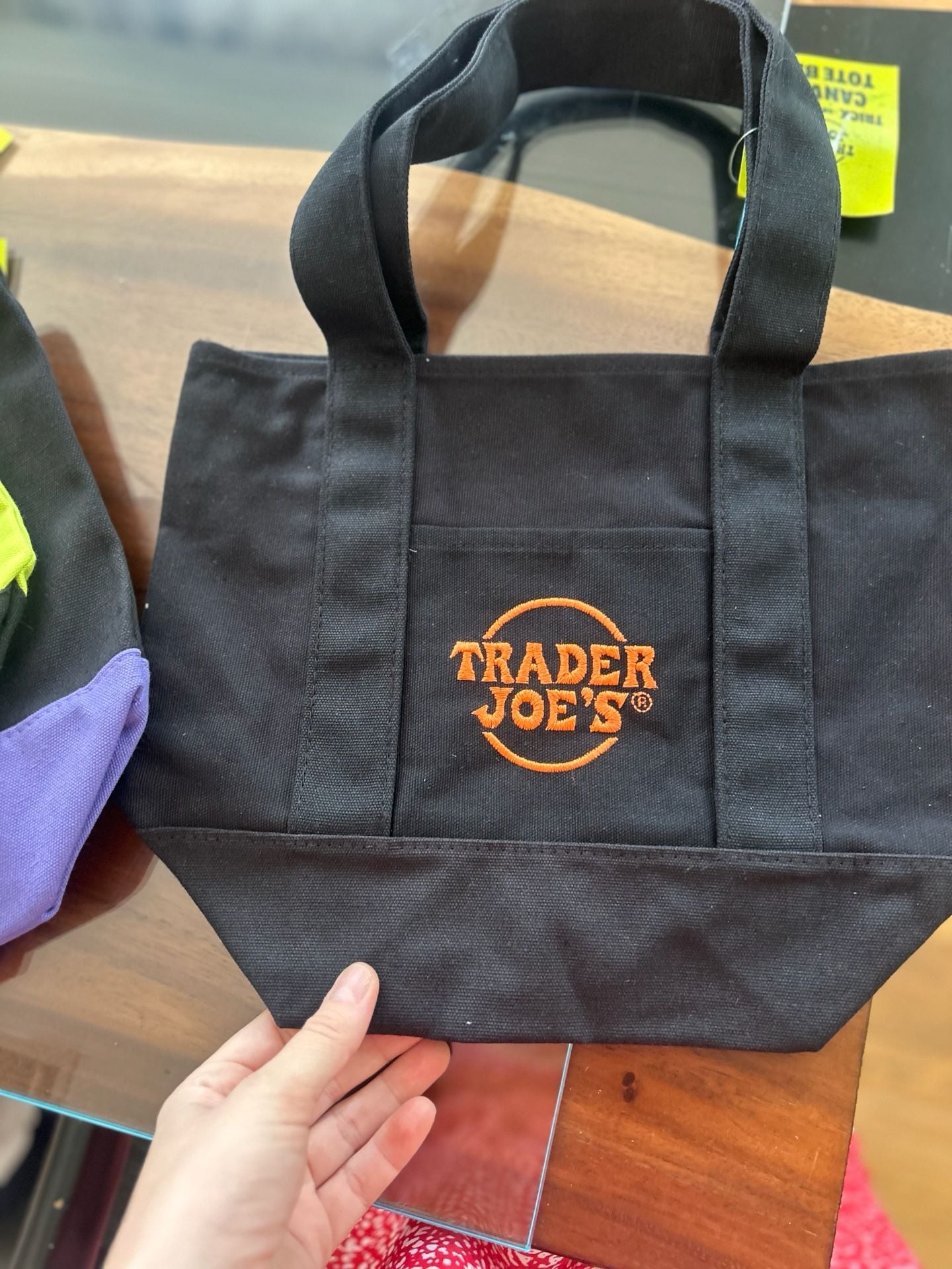 Trader Joe's Halloween Tote Bag Set of 2 Black, Purple Canvas and Neon lime green color featuring purple straps and black bottom panels . 6