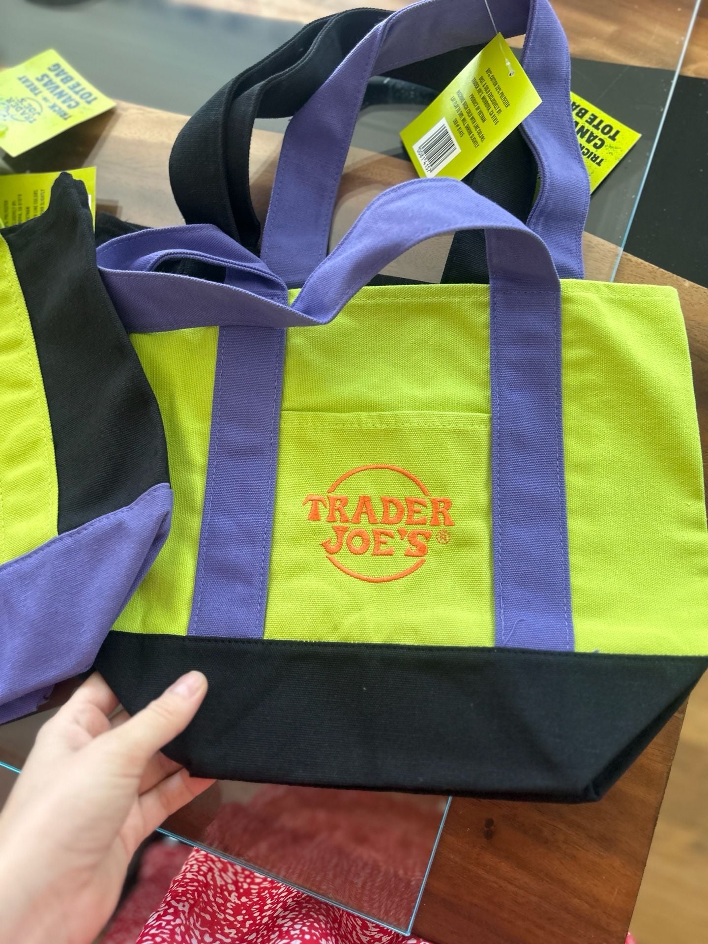 Trader Joe's Halloween Tote Bag Set of 2 Black, Purple Canvas and Neon lime green color featuring purple straps and black bottom panels . 7