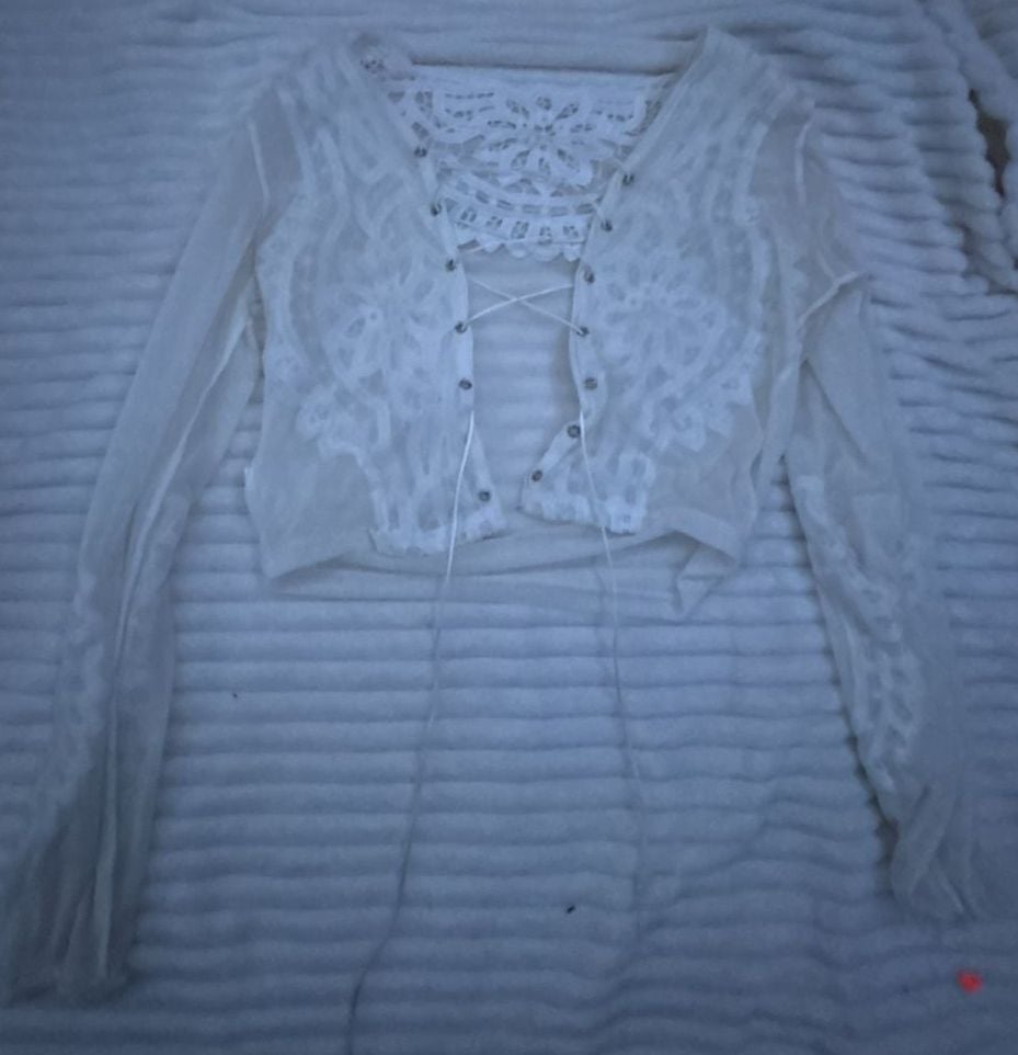 White Mesh Lace Tie Front Crop Top Size M Long Sleeve Cardigan 1