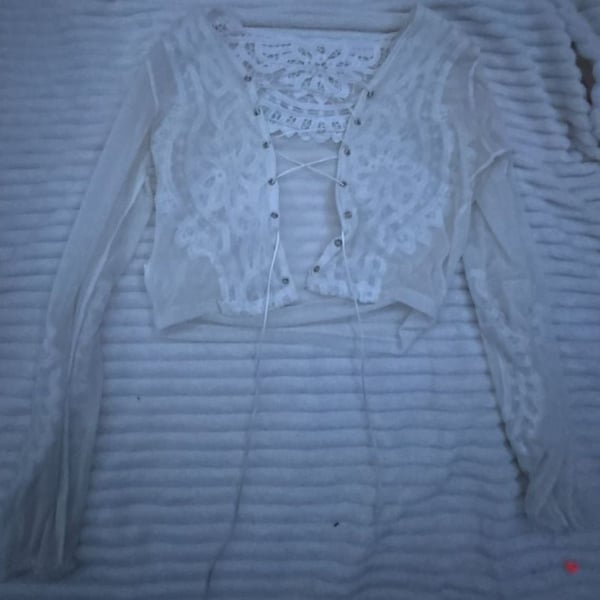 White Mesh Lace Tie Front Crop Top Size M Long Sleeve Cardigan
