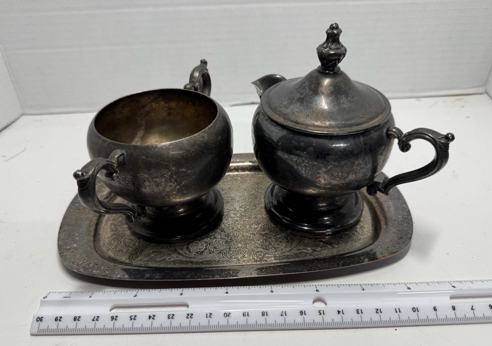 Wm. Rogers Silverplate Sugar Bowl Creamer & Tray Set 2