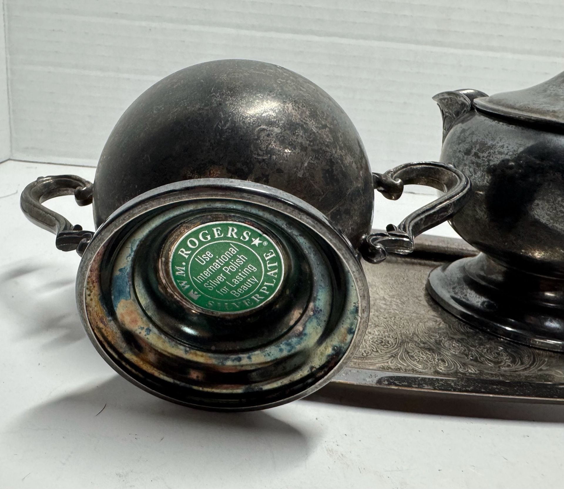 Wm. Rogers Silverplate Sugar Bowl Creamer & Tray Set 5