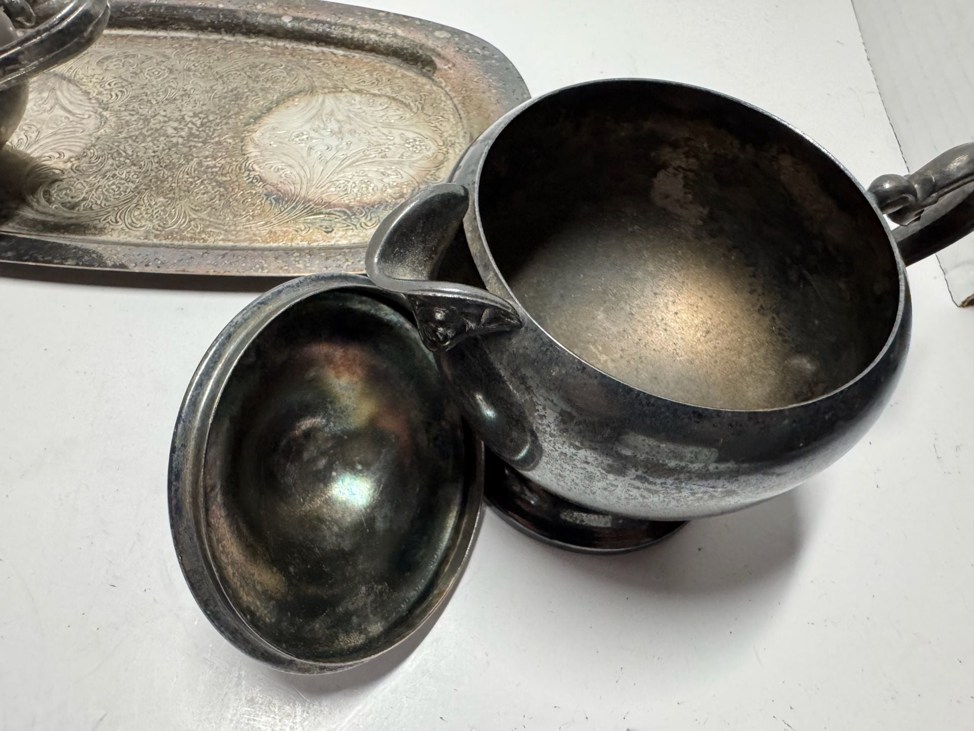 Wm. Rogers Silverplate Sugar Bowl Creamer & Tray Set 7