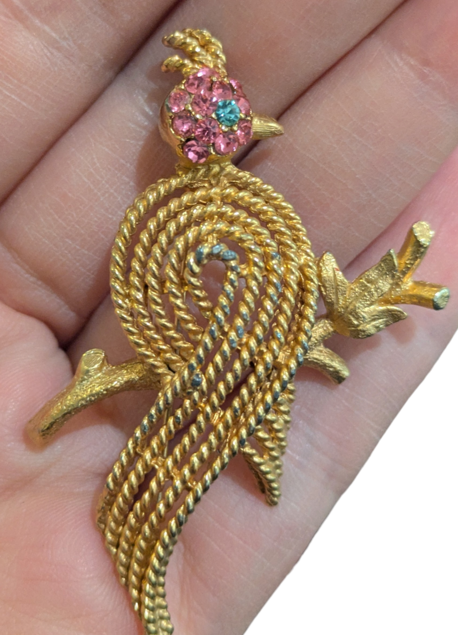BSK Vintage Gold Bird On A Branch Rhinestone Brooch 2