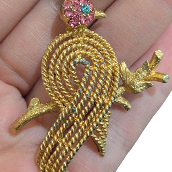 BSK Vintage Gold Bird On A Branch Rhinestone Brooch