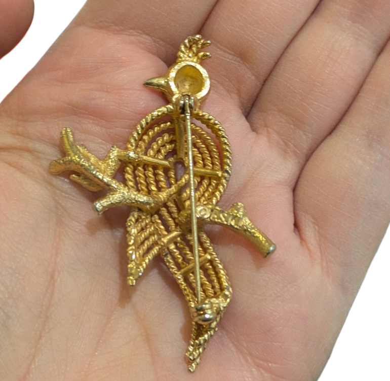 BSK Vintage Gold Bird On A Branch Rhinestone Brooch 3