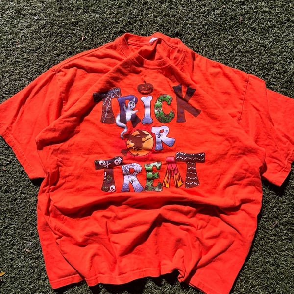 Vintage Orange Trick or Treat Halloween T-Shirt with Ghost Witch Spiders