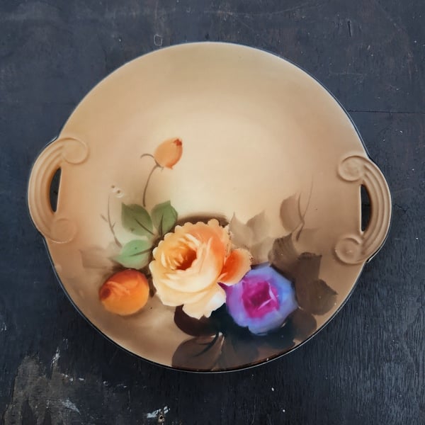 Noritake Hand Painted Two Handled Bowl with Flowers M Mark Made in Japan