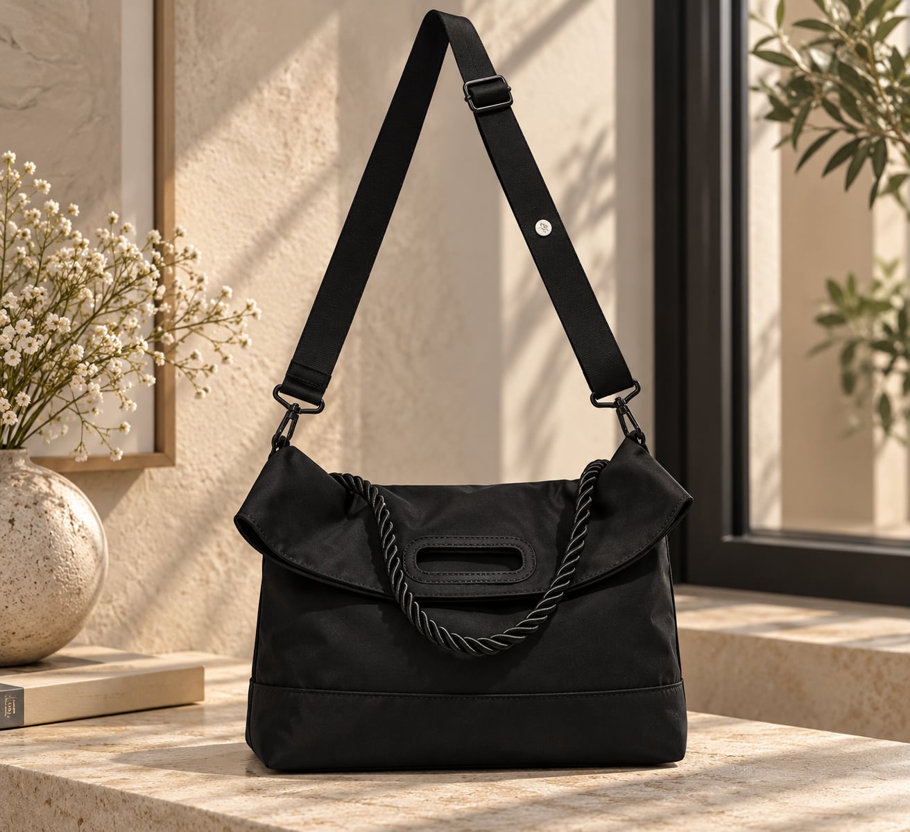 Black Nylon Crossbody Bag with Twisted Rope Handle and Adjustable Strap 2
