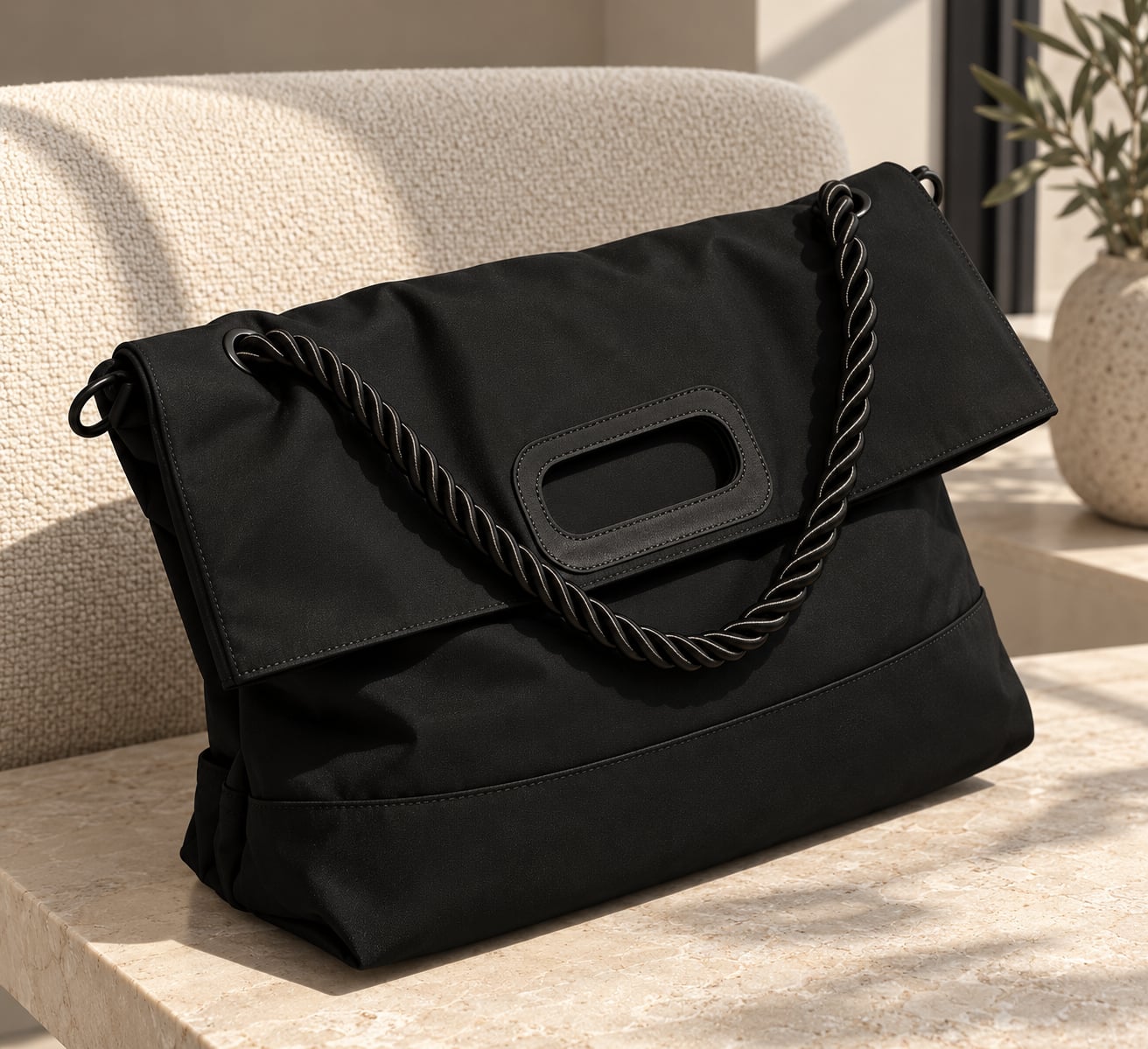 Black Nylon Crossbody Bag with Twisted Rope Handle and Adjustable Strap 3