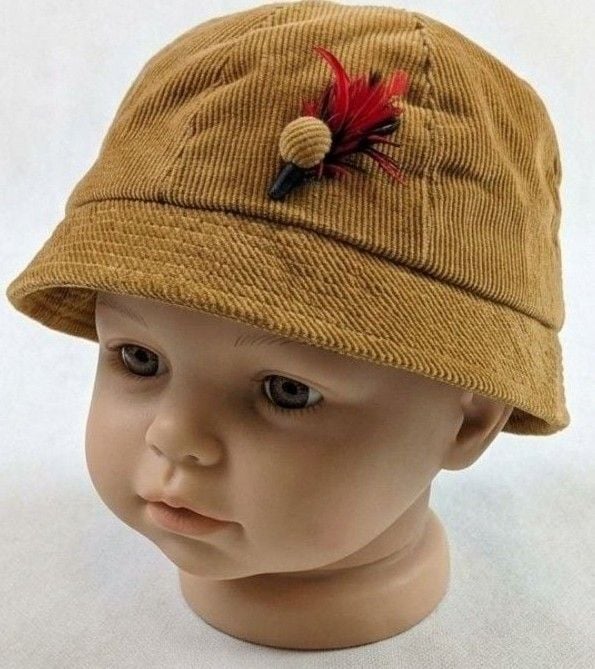 Child's Brown Corduroy Cloche Hat w/ Feather Accent Lined 2