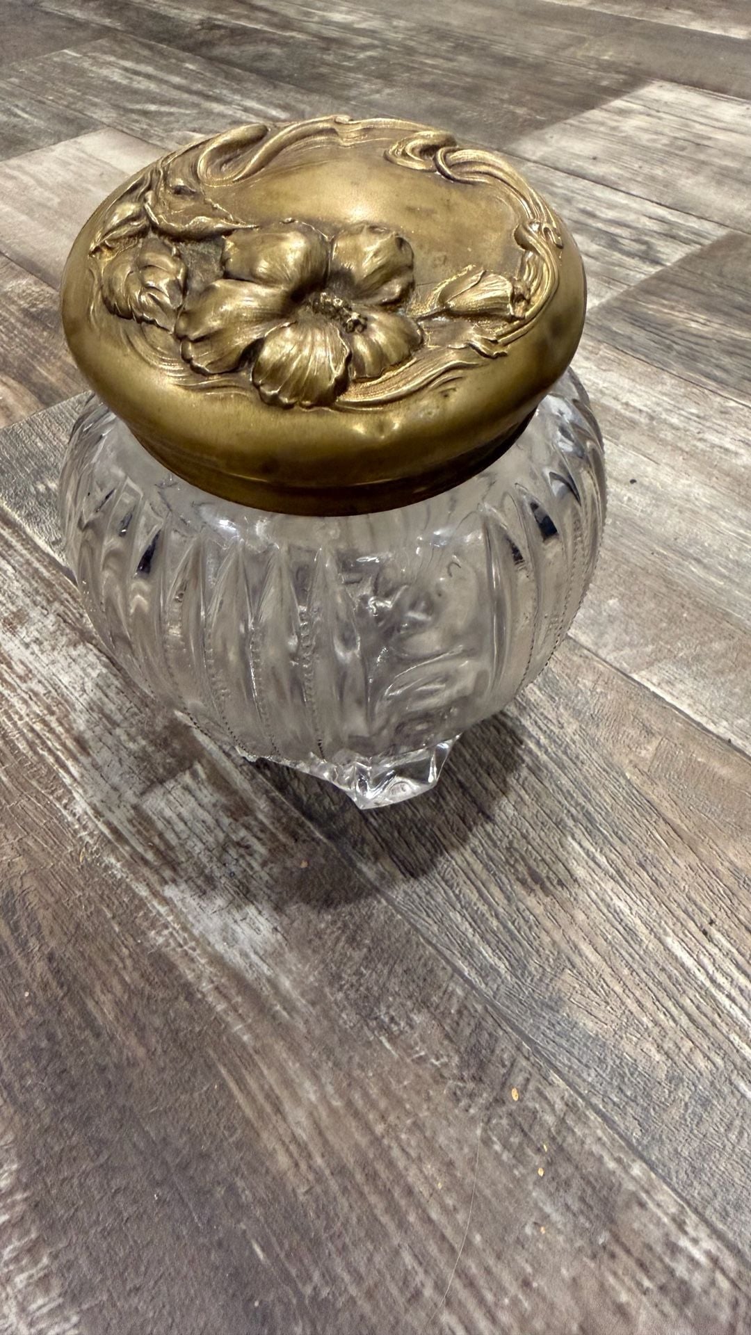 Art Nouveau Cut Glass Dresser Jar with Brass Floral Lid 1