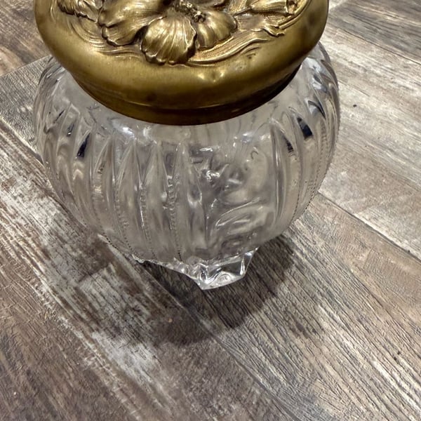 Art Nouveau Cut Glass Dresser Jar with Brass Floral Lid